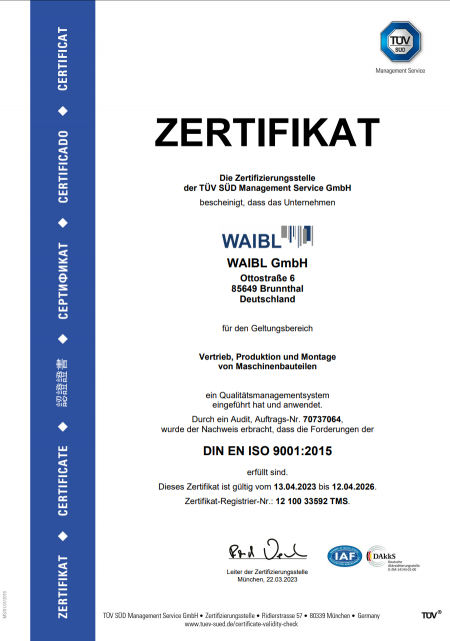 Zertifikat zur Zertifizierung nach DIN EN ISO 9001:2015 für die  WAIBL Gmbh