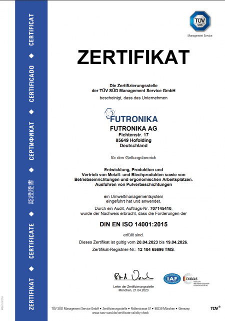 Zertifikat zur Zertifizierung nach DIN EN ISO 14001:2015 für die FUTRONIKA