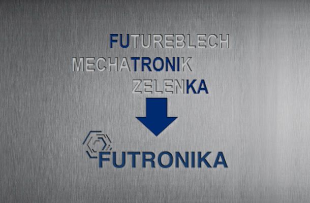 grafik zur namensentwicklung von futronika, begonnen bei futureblech ueber mechatronik und zelenka zur futronika