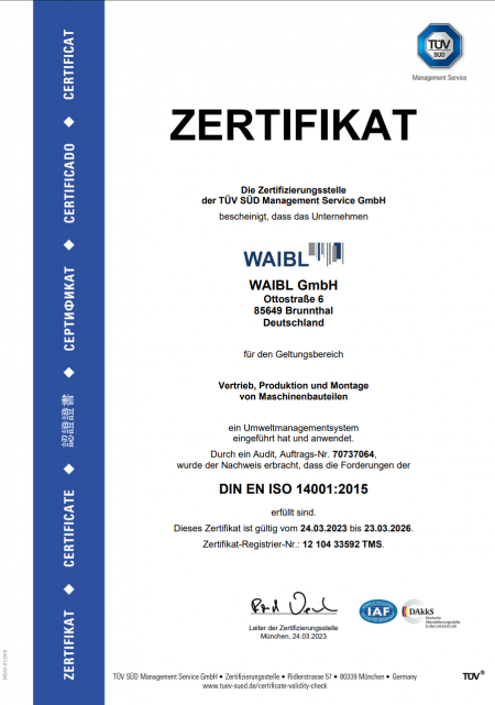 Zertifikat zur Zertifizierung nach DIN EN ISO 14001:2015 für die waibl gmbh