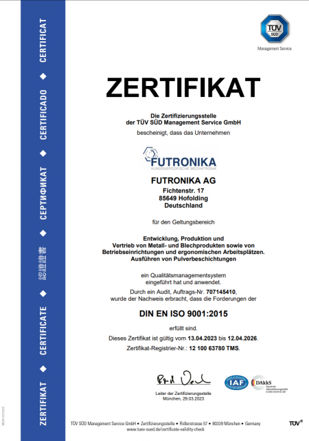 Zertifikat zur Zertifizierung nach DIN EN ISO 9001:2015 für die FUTRONIKA
