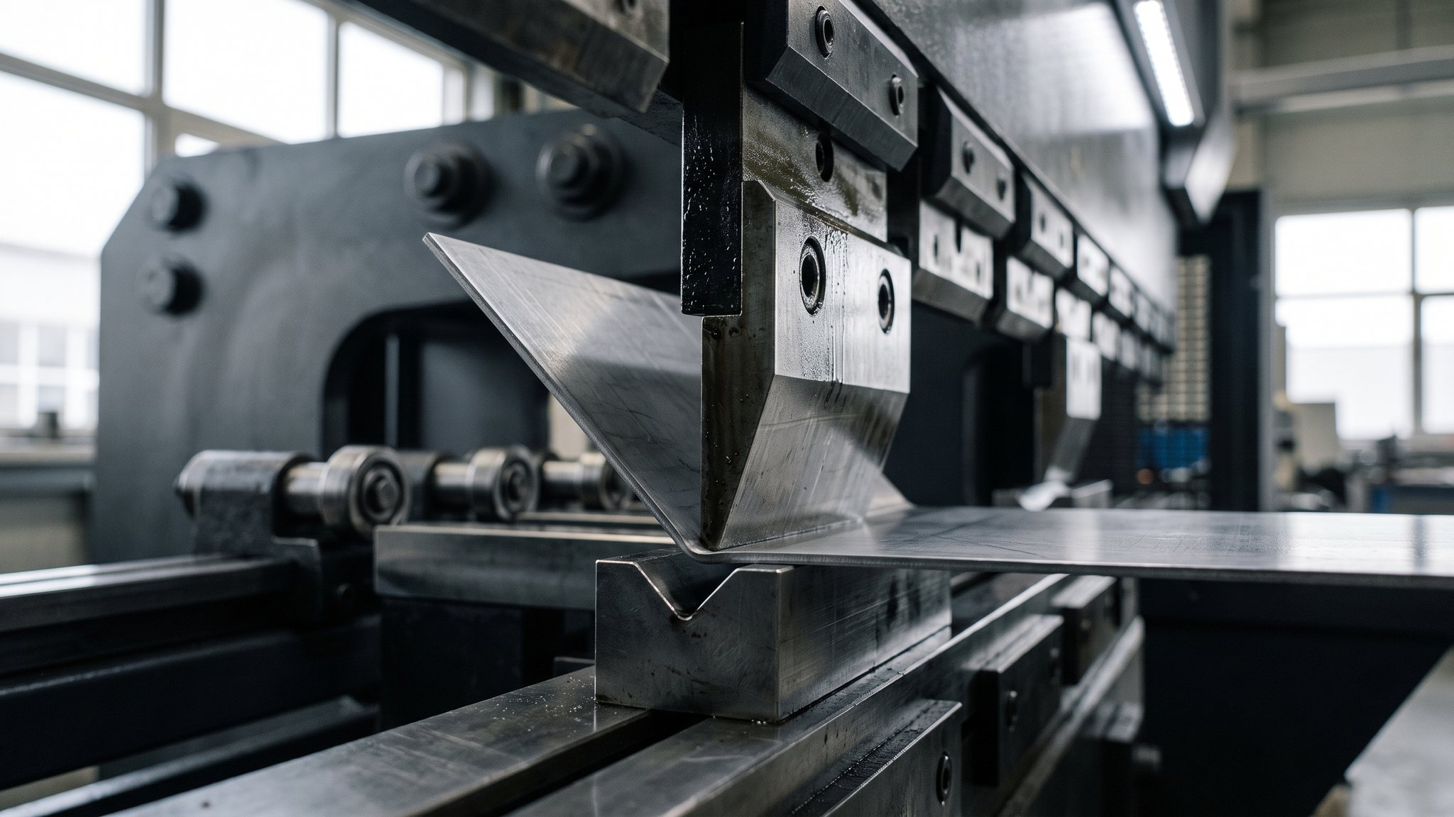 CNC-Abkantpresse beim Biegen eines Blechteils zwischen Stempel und Matrize