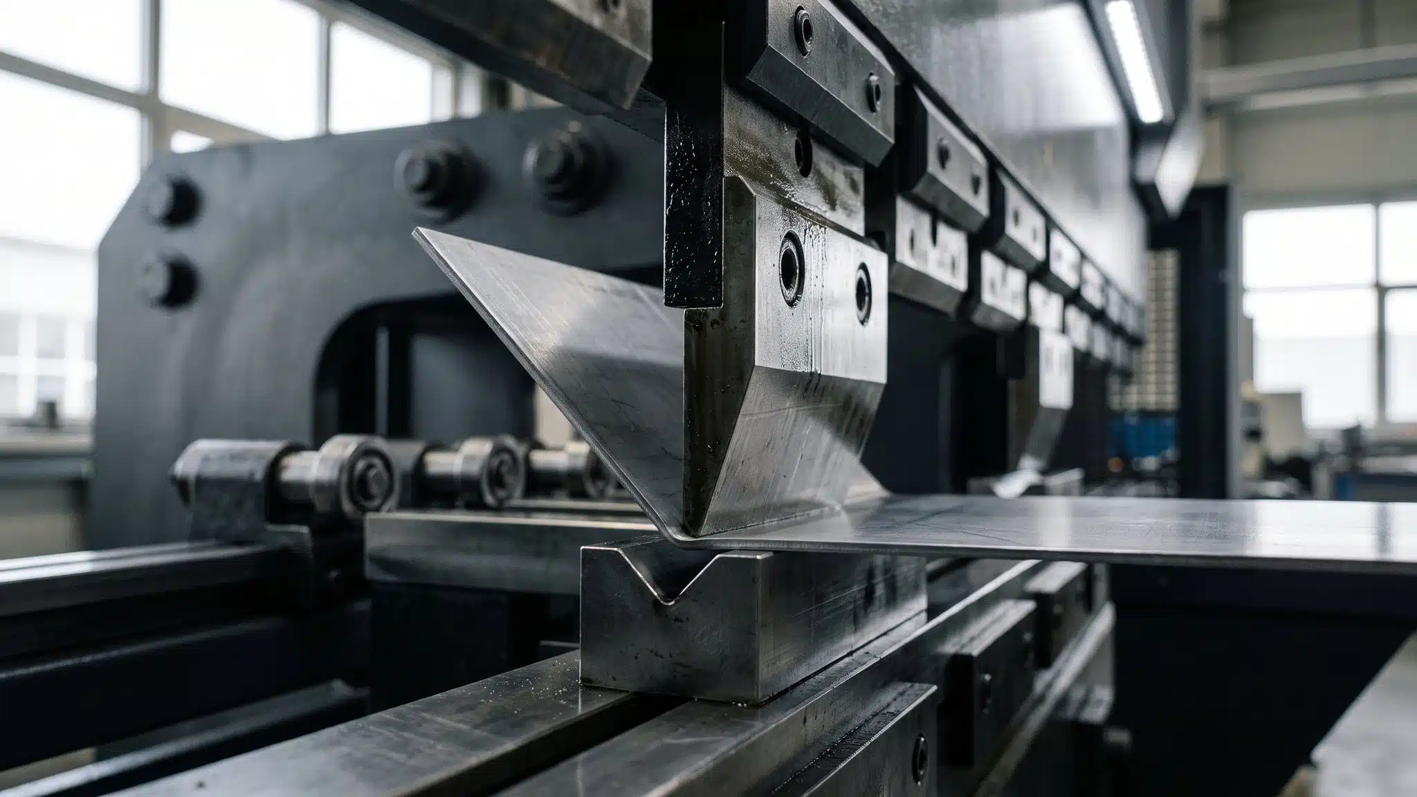 CNC-Abkantpresse beim Biegen eines Blechteils zwischen Stempel und Matrize