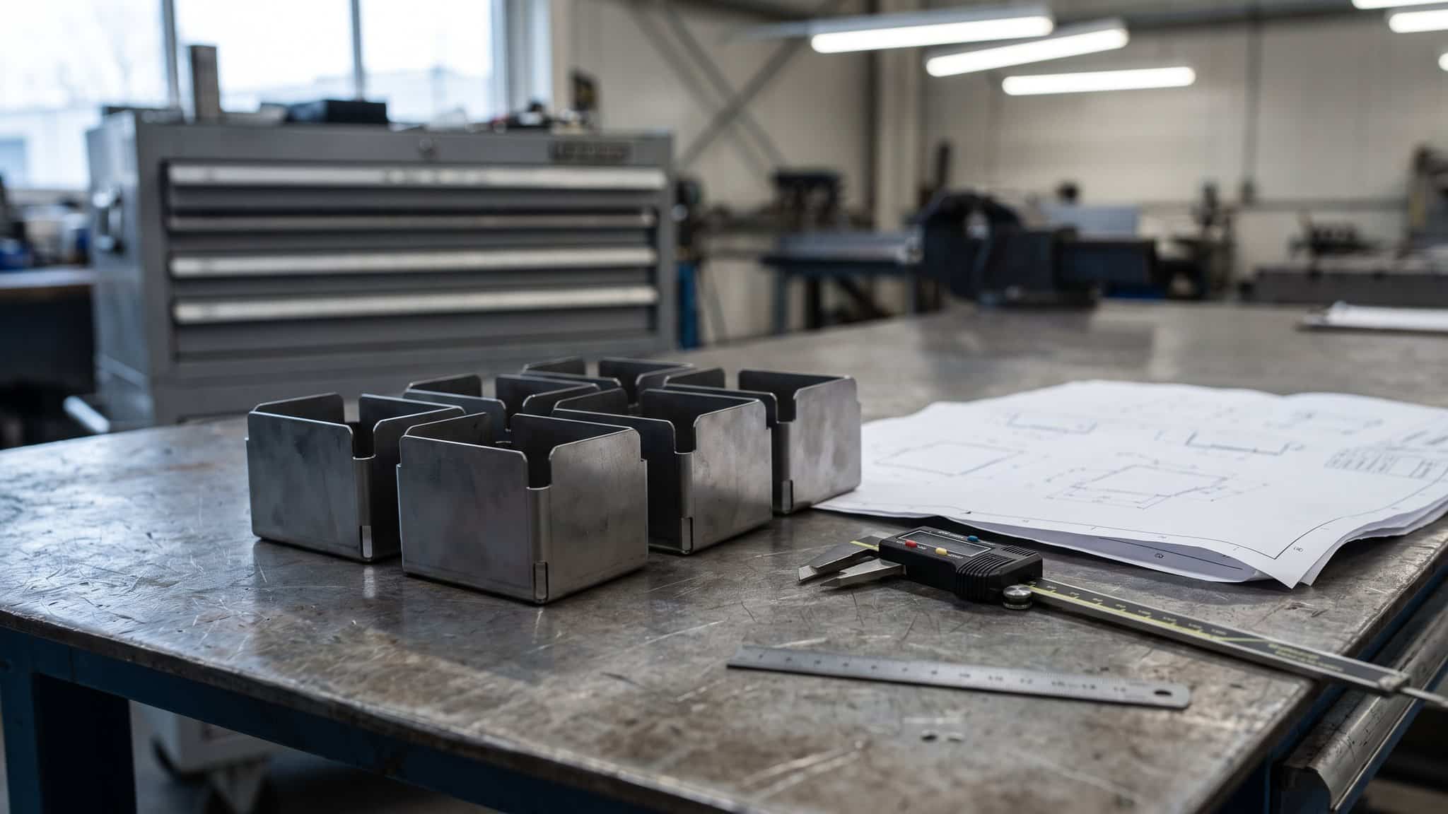 Prototypen und Kleinserienteile aus Blech auf der Werkbank mit technischer Zeichnung