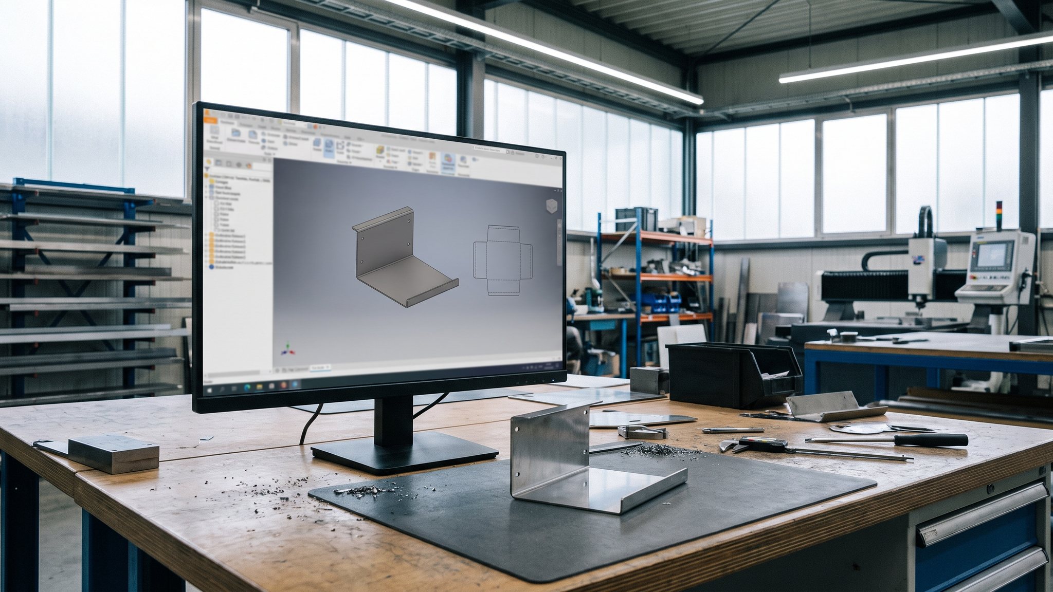 CAD-Arbeitsplatz mit Blechabwicklung neben einem gebogenen Blechmusterteil