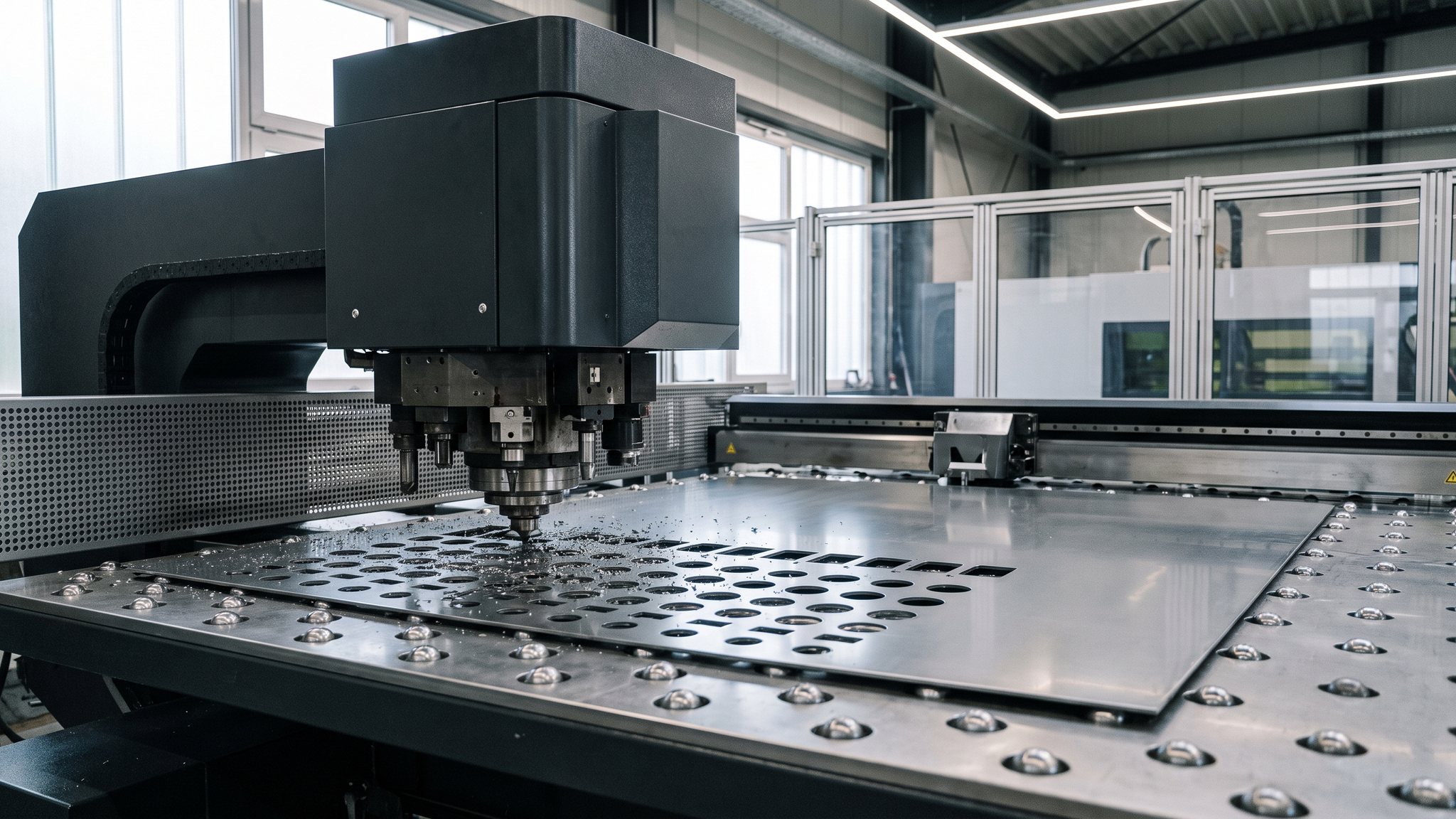 CNC-Stanzmaschine mit Revolverkopf bei der Bearbeitung eines Blechs