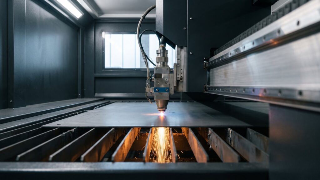 Faserlaser-Schneidkopf beim Schneiden eines Stahlblechs mit Funkenflug