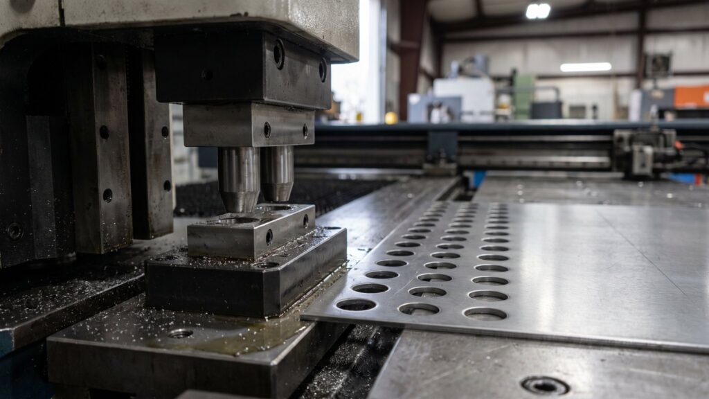 Stanzwerkzeug einer CNC-Stanzmaschine im Detail neben gestanzten Blechteilen