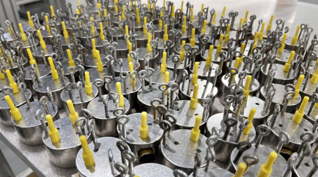 Abgedeckte Bauteile vor der Beschichtung in der Oberflächentechnik der FUTRONIKA AG